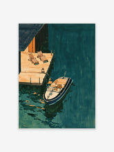 Teal lake boat art print with navy motorboat moored by a wooden deck and two loungers