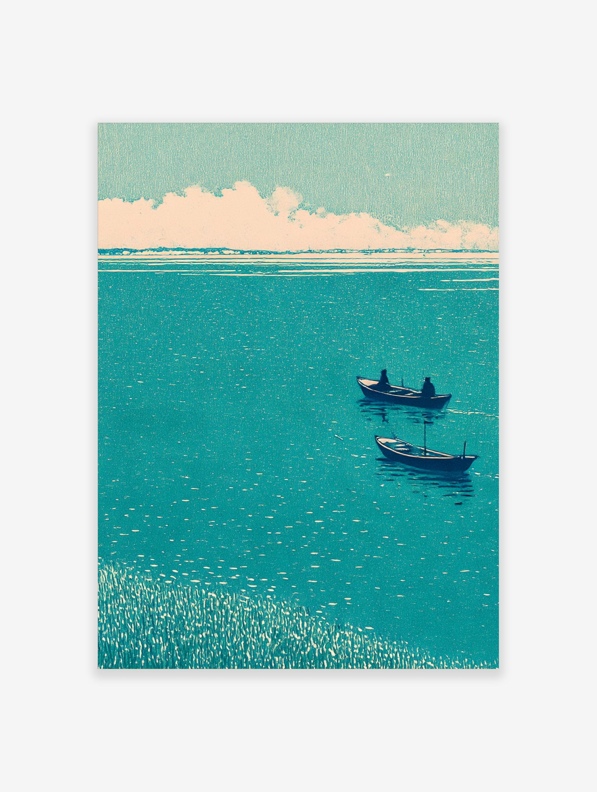 Japanese woodblock style art print of two boats on a teal lake with a reedy foreground and cloudy sky