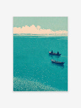 Japanese woodblock style art print of two boats on a teal lake with a reedy foreground and cloudy sky