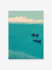 Japanese woodblock style art print of two boats on a teal lake with a reedy foreground and cloudy sky