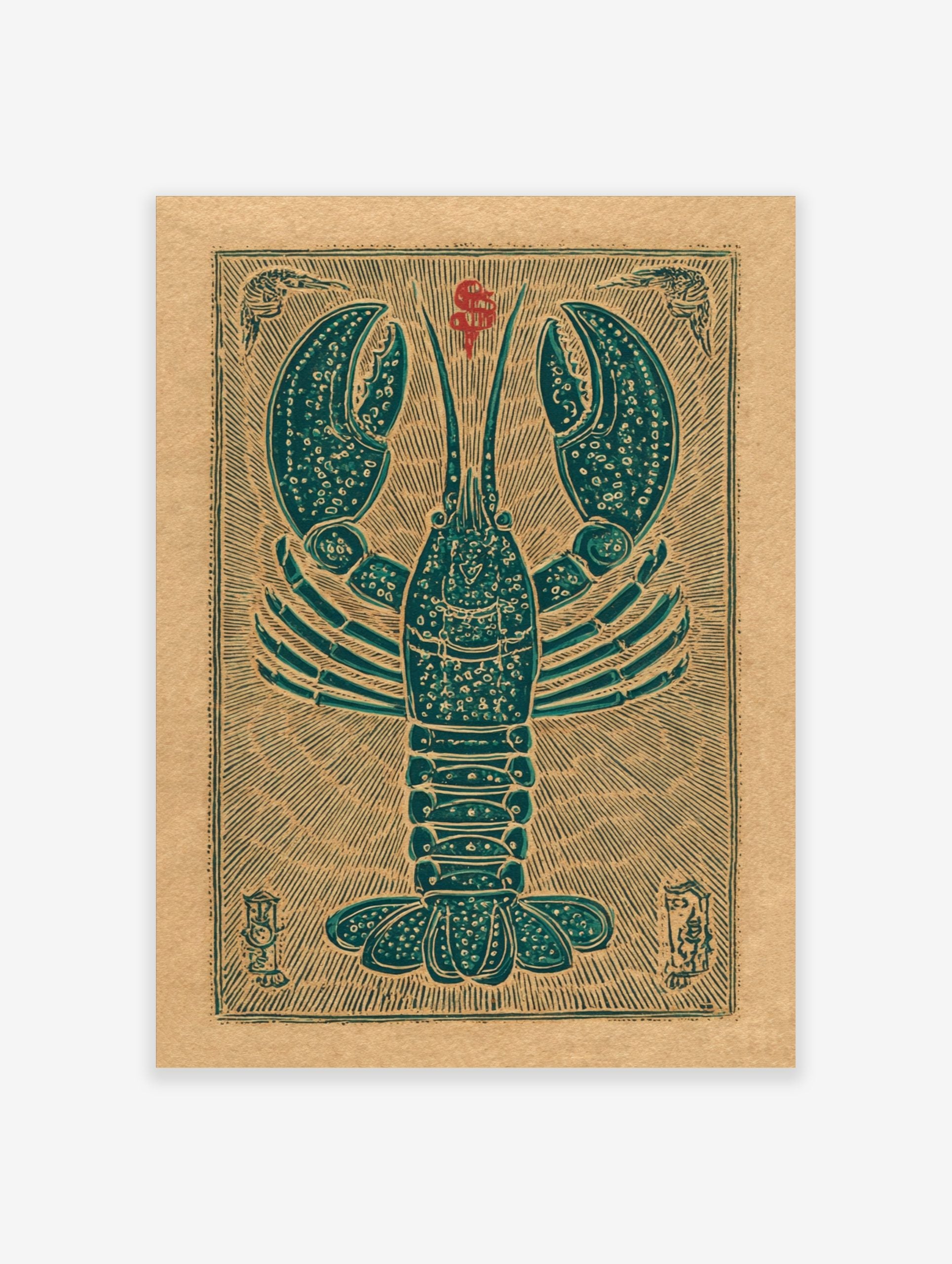 Teal lobster woodcut style art print on a tan background with red symbol and decorative border