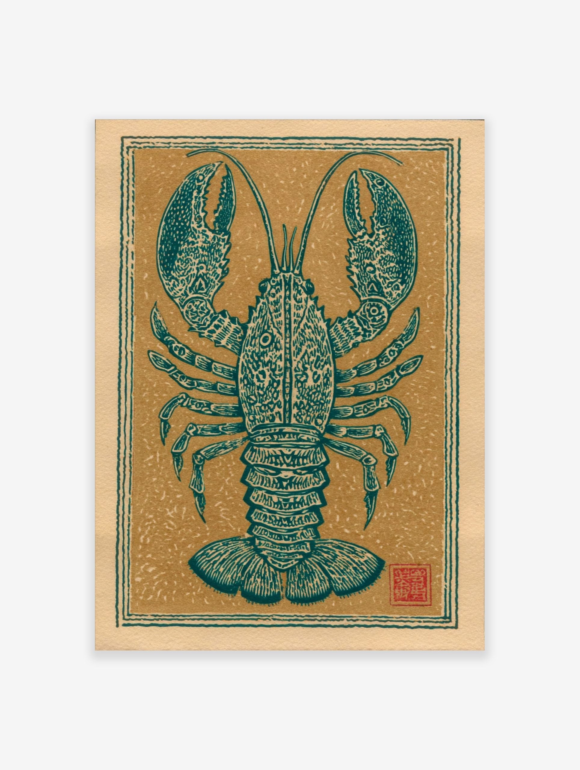 Teal lobster illustration with ornate patterns, centered on a beige background with a decorative border