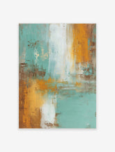 Abstract wall art print with vertical and horizontal teal, orange, brown, and white brushstrokes on textured surface