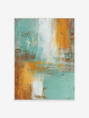Abstract wall art print with vertical and horizontal teal, orange, brown, and white brushstrokes on textured surface