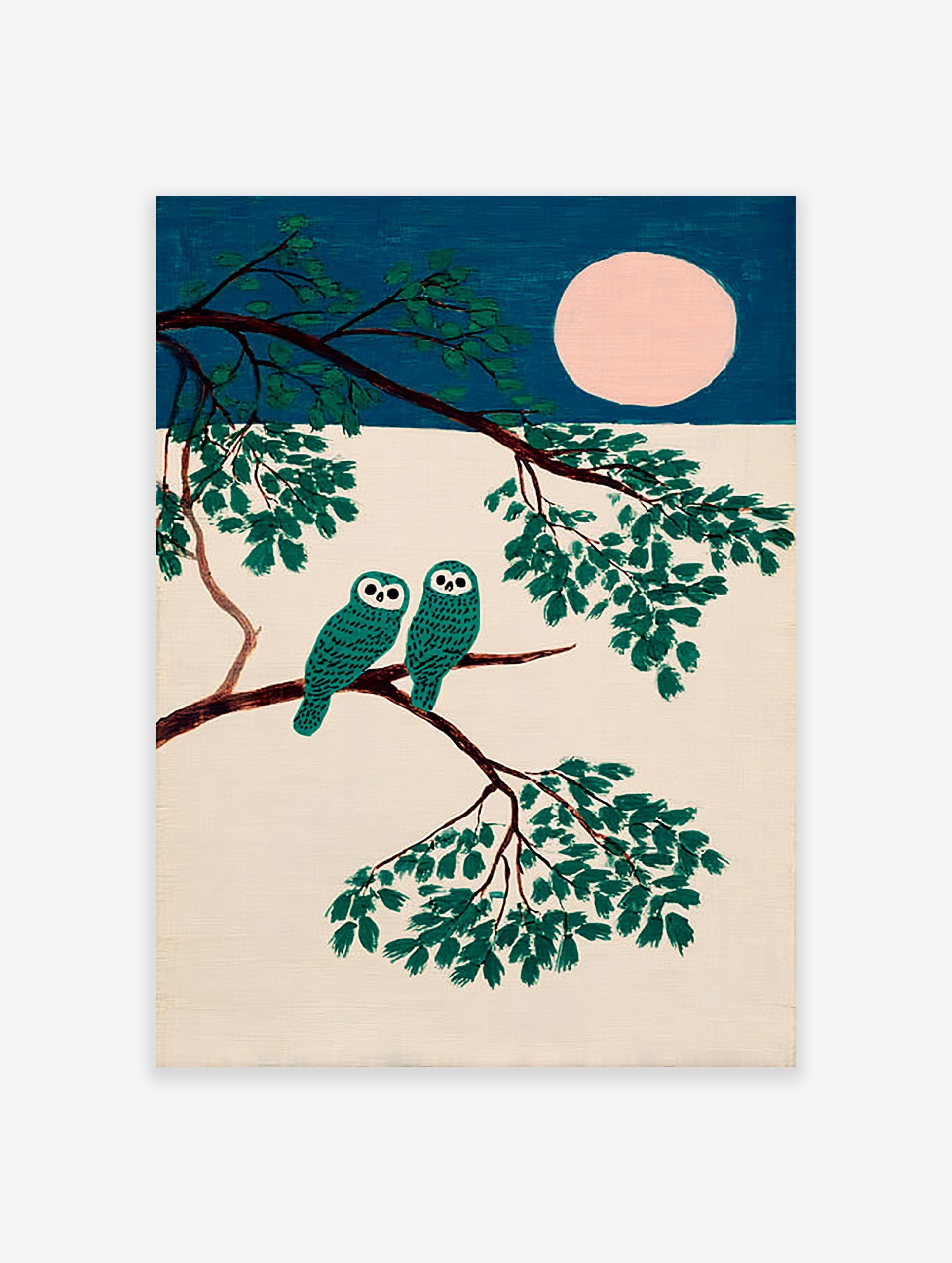 Teal owl wall art featuring two stylized owls on a tree branch under a pink full moon against a dark blue sky.