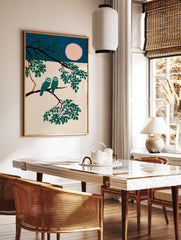Teal owl wall art featuring two stylized owls on a tree branch under a pink full moon against a dark blue sky. - Image 2