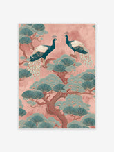 Two teal peacocks on a pine tree with fan-like leaves against a pink background, oriental illustrative style