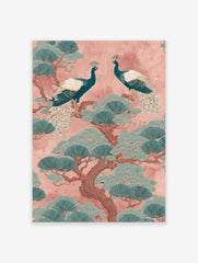 Two teal peacocks on a pine tree with fan-like leaves against a pink background, oriental illustrative style