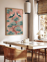 Two teal peacocks on a pine tree with fan-like leaves against a pink background, oriental, in a styled room mockup