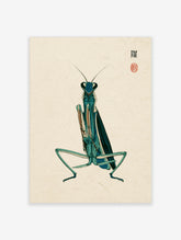 Teal praying mantis illustration with raised foreleg and red seal stamp on cream background