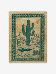 Teal Saguaro cactus illustration in a desert landscape with hills and ornate border on tan paper