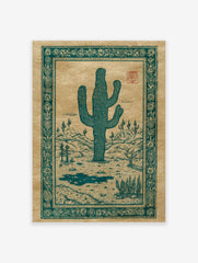 Teal saguaro cactus illustration in a desert landscape with hills and an ornate border, on tan paper