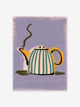 Teal striped teapot illustration with yellow handle and steam on purple background