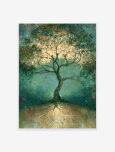 Teal tree of life art print with glowing canopy and mirrored roots on textured background