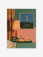 Retro interior art print with rotary phone, lamp, and window view of motel sign and car at dusk