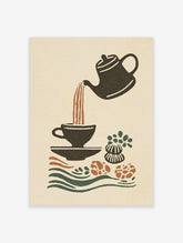 Retro teapot pouring coffee into cup with plant motifs and wavy lines, earthy tones on beige background