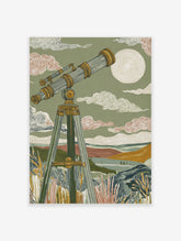 Illustrative print of a vintage telescope pointing at a large moon over a green, hilly landscape with patterned clouds