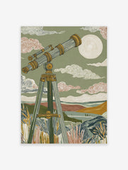 Illustrative print of a vintage telescope pointing at a large moon over a green, hilly landscape with patterned clouds