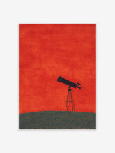 Minimalist art print showing a black telescope on dark ground under a vibrant textured red sky.