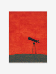 Minimalist art print showing a black telescope on dark ground under a vibrant textured red sky.
