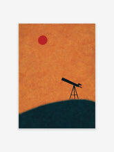 Minimalist telescope wall art on a dark green hill against an orange and red sky with a red sun/moon.