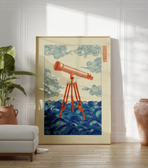 Vintage style illustration of a reddish-orange telescope on a tripod standing in deep blue wavy water with swirling clouds. - Image 3