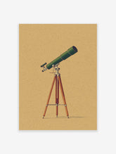 Green vintage telescope poster illustration on a wooden tripod, set against a textured brown paper background.