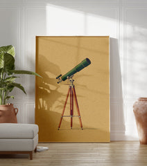 Green vintage telescope poster illustration on a wooden tripod, set against a textured brown paper background. - Image 3