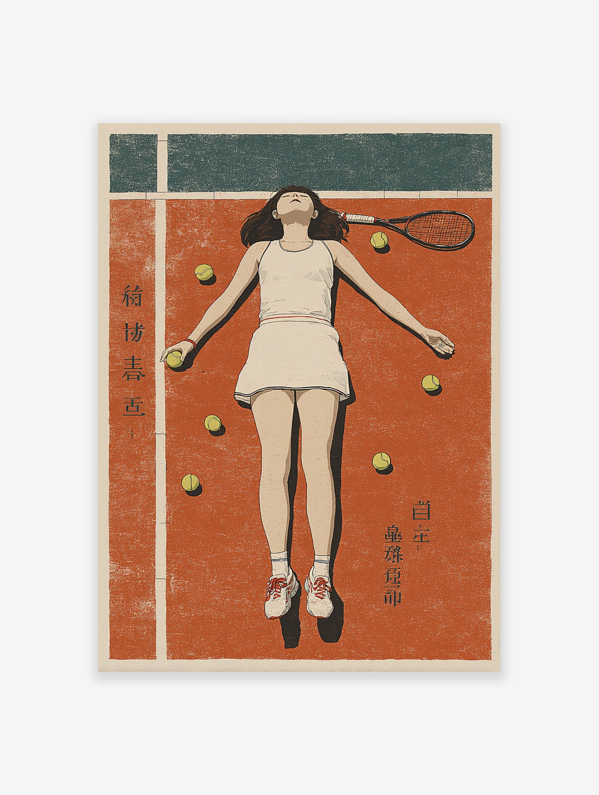 Retro tennis wall art print showing a female tennis player lying on a red clay court with tennis balls and a racket.