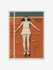 Retro tennis wall art print showing a female tennis player lying on a red clay court with tennis balls and a racket.