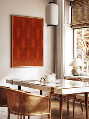 Terracotta arch pattern wall art with repeating geometric shapes and linear ridges in a burnt, in a styled room mockup
