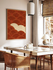 Terracotta fan pattern wall art print with rust orange geometric scallops on a creamy beige, in a styled room mockup