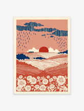 Terracotta landscape wall art print with rolling fields, white flowers, dark blue rain clouds, and a red sun.