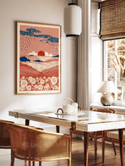 Terracotta landscape wall art print with rolling fields, white flowers, dark blue rain clouds, and a red sun. - Image 2