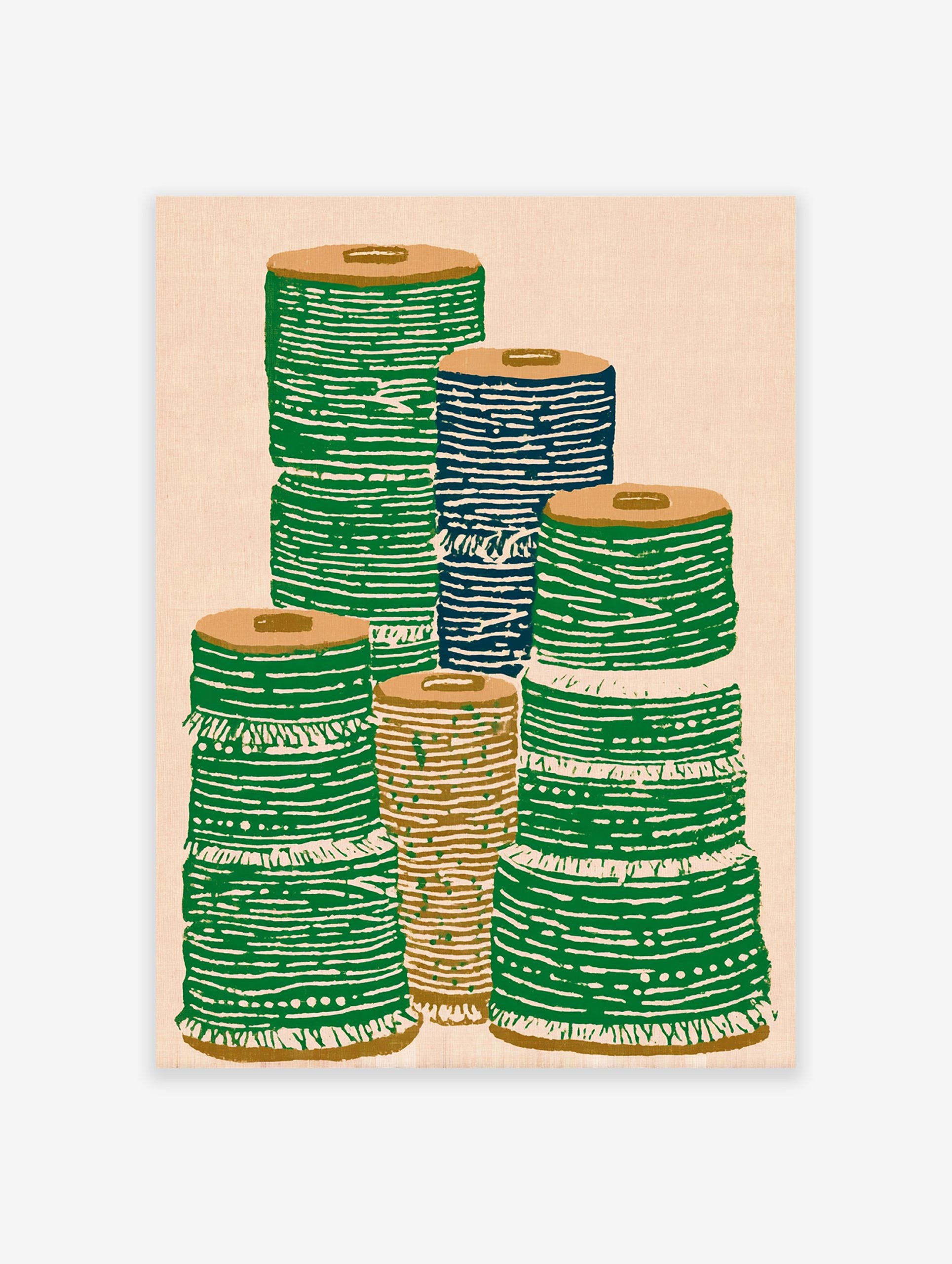 Illustrative textile spool wall art print showing stacks of green, blue, and brown spools on a light background.