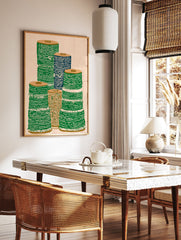Illustrative textile spool wall art print showing stacks of green, blue, and brown spools on a light background. - Image 2