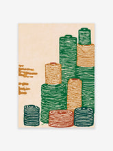 Illustrative textile spool wall art print showing stacked green, orange, and blue thread bobbins on a cream background