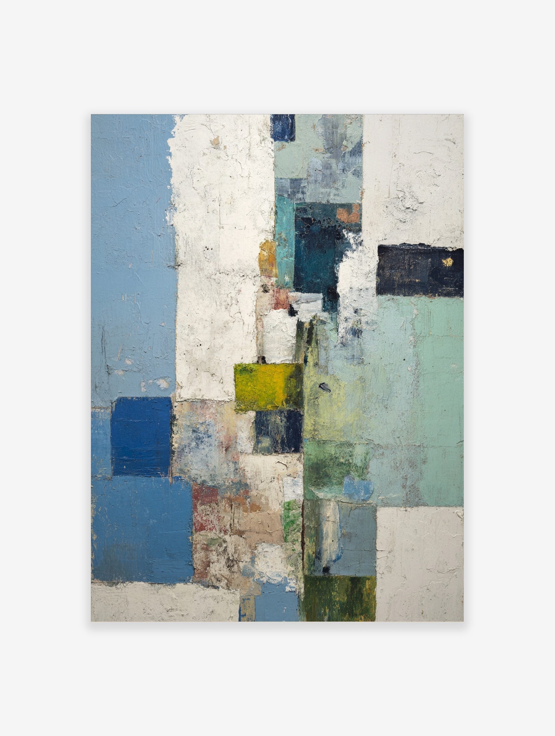 Textured abstract wall art with blocks of blue, green, white, and yellow colours in a vertical composition