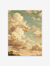 Textured oil painting of dramatic clouds in warm earth tones against a teal sky, with a subtle landscape horizon