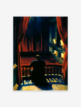 Lone figure in dark theatre auditorium framed by red curtains, dramatic lighting, moody art print