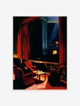 Theatre box interior with red curtains, blue column, and warm lamp glow, unframed paper print