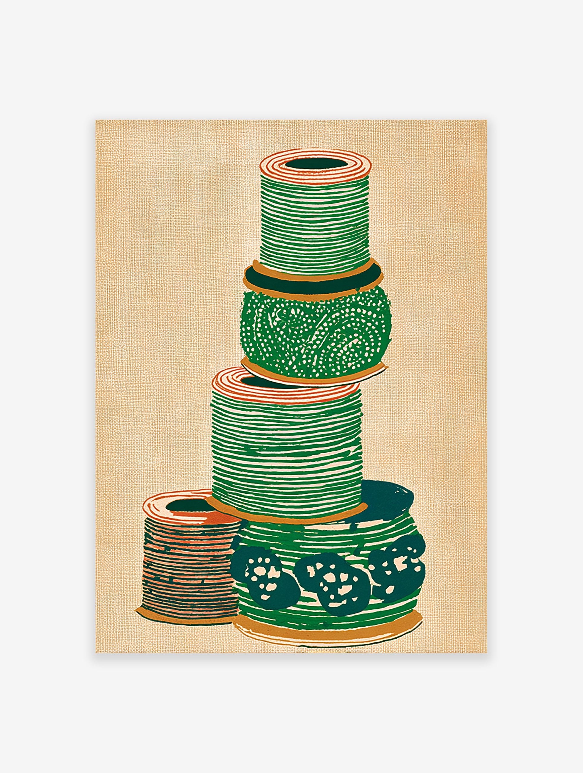 Illustrated green and orange thread spool wall art stacked on a textured beige background.