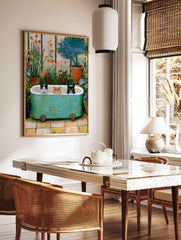 Three cats in a green bathtub inside a greenhouse with flowers and plants, painterly art print, in a styled room mockup