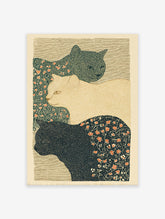 Vintage style illustration of three cats (dark green, cream, black) with orange botanical flowers on a beige background.