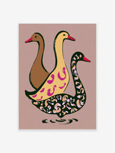 Folk art print of three geese with brown, yellow, and black patterned plumage on a taupe background