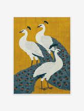 Three peacocks poster with white bodies, blue and orange feathers, set against a vibrant yellow background.
