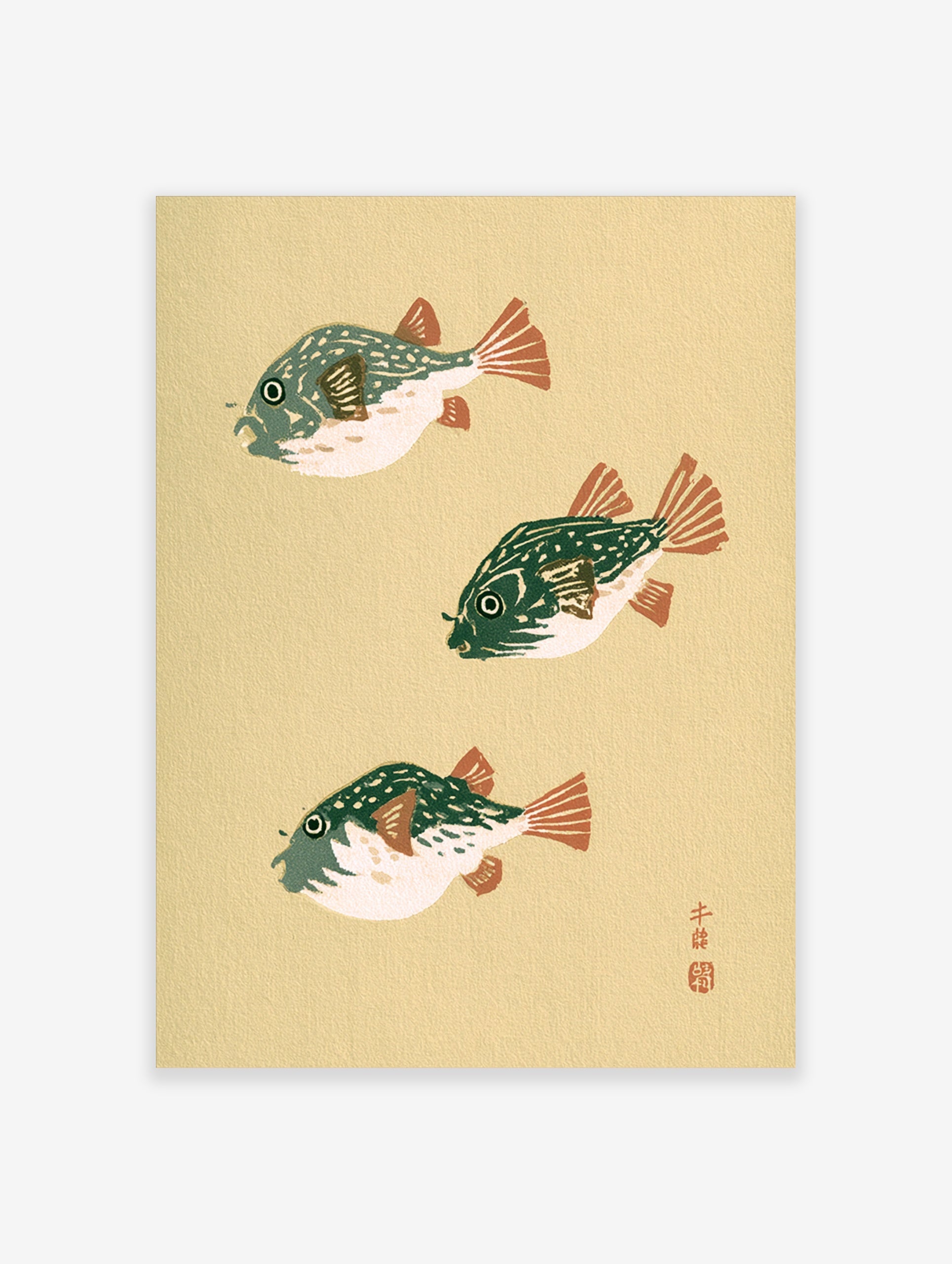 Three pufferfish in Japanese woodblock style with green bodies and orange fins on a cream background