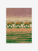 Three sheep walking in profile on a textured green and tan landscape art print