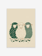 Illustrative wall art of three peaceful sheep with different textured fleeces on a beige background