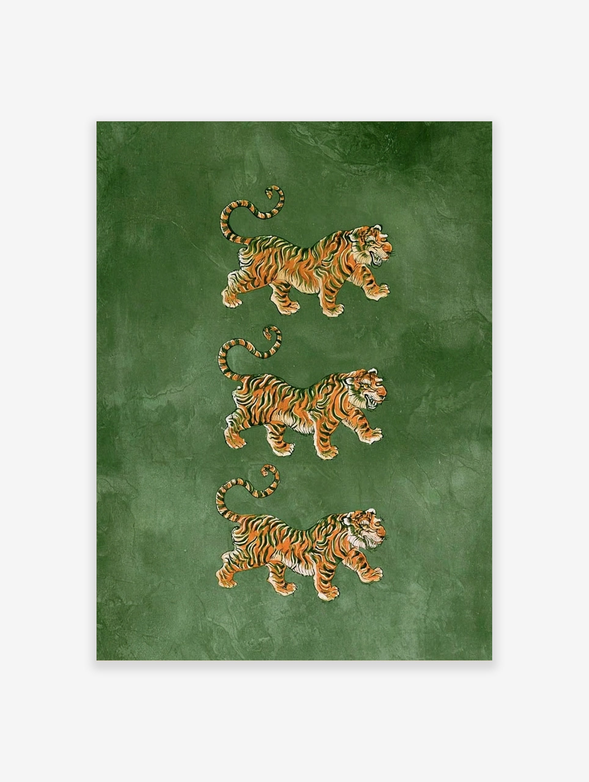Three stacked tiger illustrations in orange and black on a textured green background, vertical animal art print